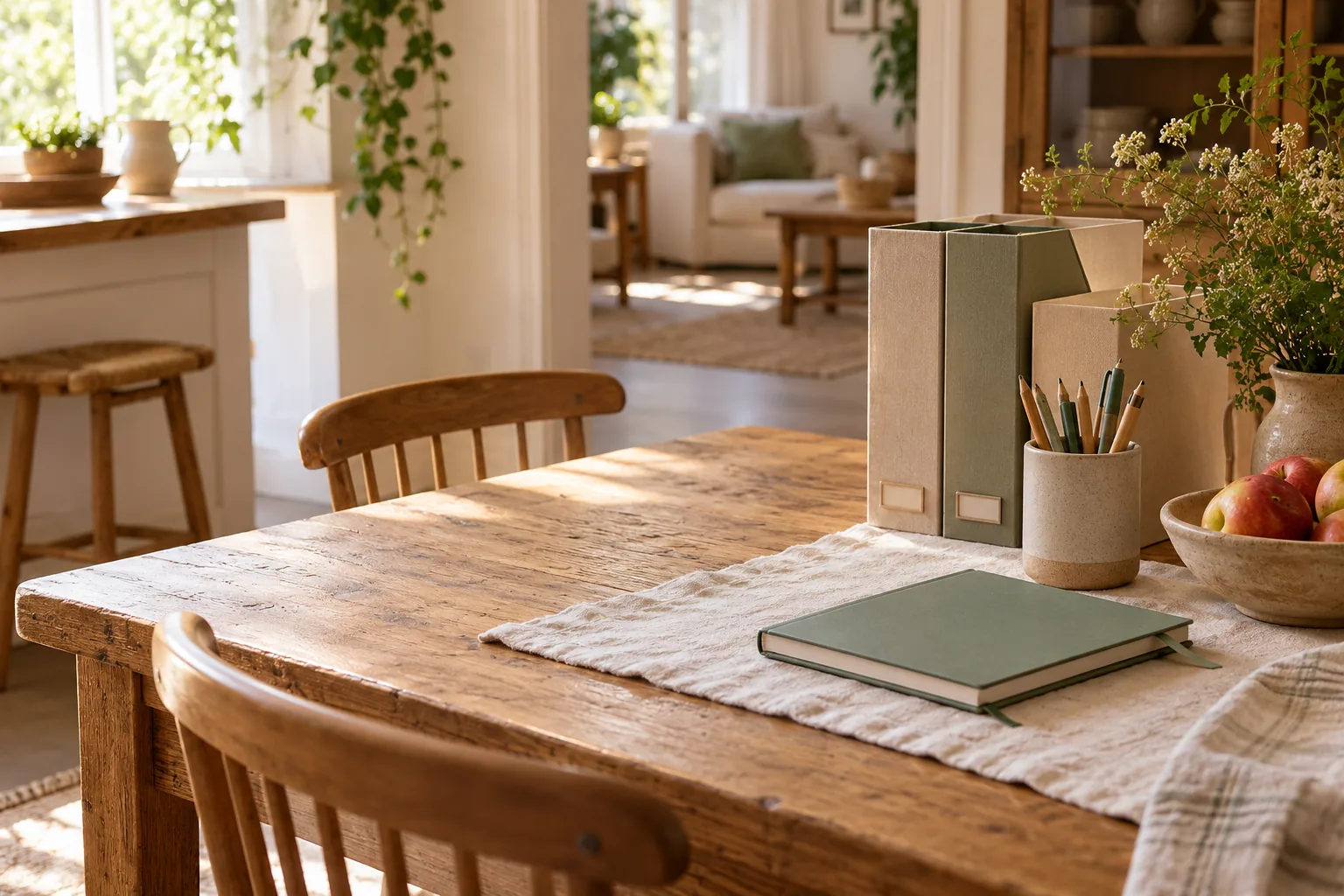 AI-generated photorealistic concept of household binders, pencils and a notebook on a warm home table.