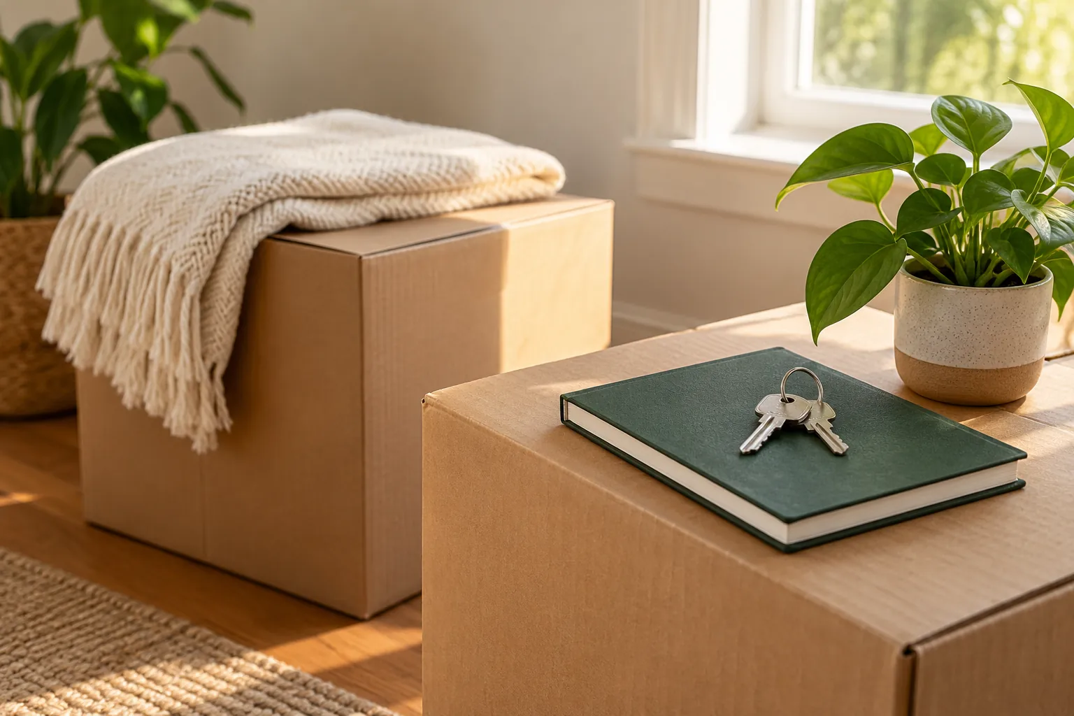 AI-generated photorealistic moving-box and key planning still life. Verify actual final pixels before publication.
