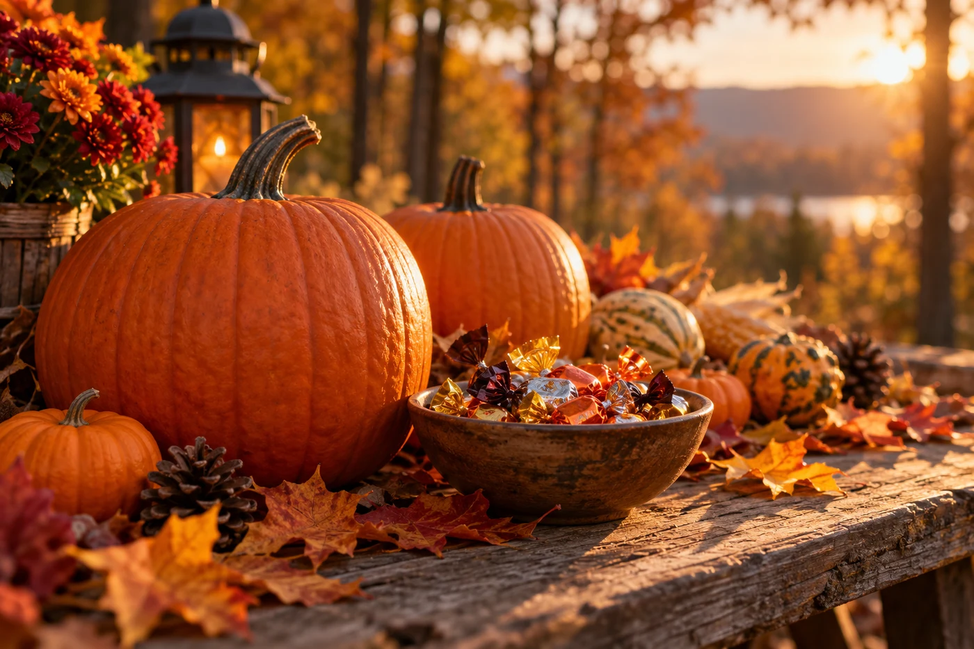 AI-generated editorial concept of pumpkins and candy prepared for an autumn gathering.