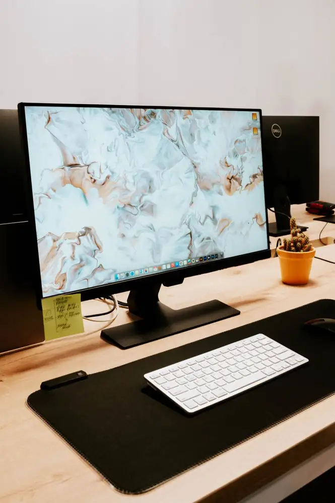 A sleek office desk setup with a monitor, keyboard, mouse, and potted plant for a modern work environment.