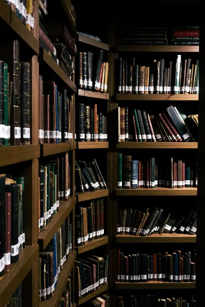 A vintage-style library corner filled with old books on wooden shelves, creating a nostalgic atmosphere.