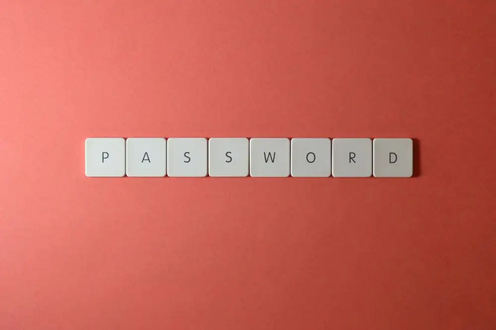 Focus on password security with white keyboard tiles spelling 'PASSWORD' on a coral background.