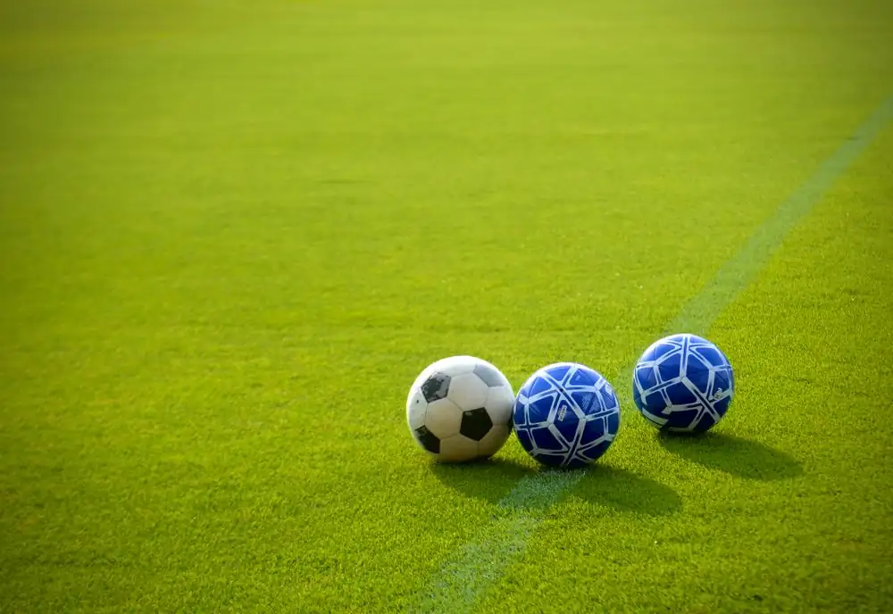 Three soccer balls positioned on a vibrant green field in the afternoon sun, perfect for sports themes.