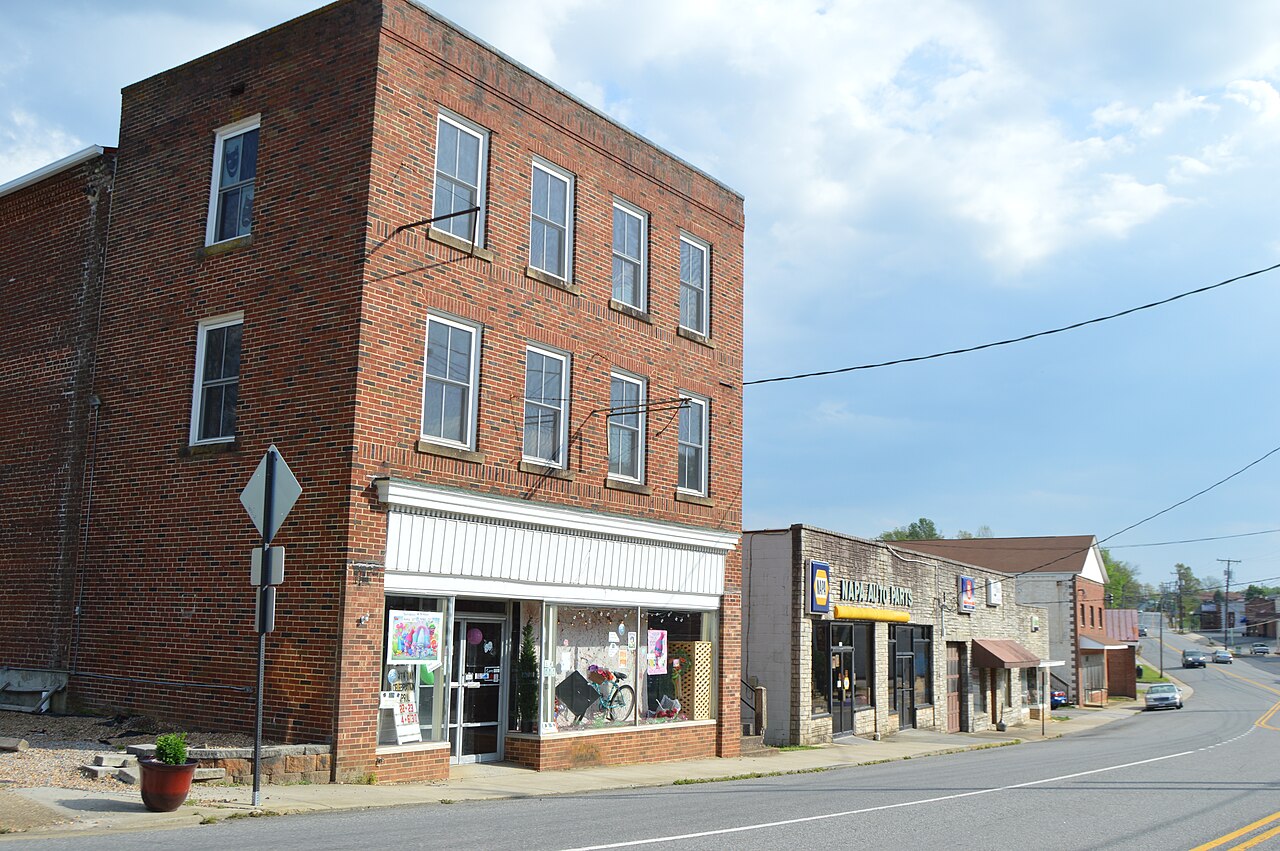 Brick storefronts along Main Street in downtown Gretna, Virginia, photographed in 2017.