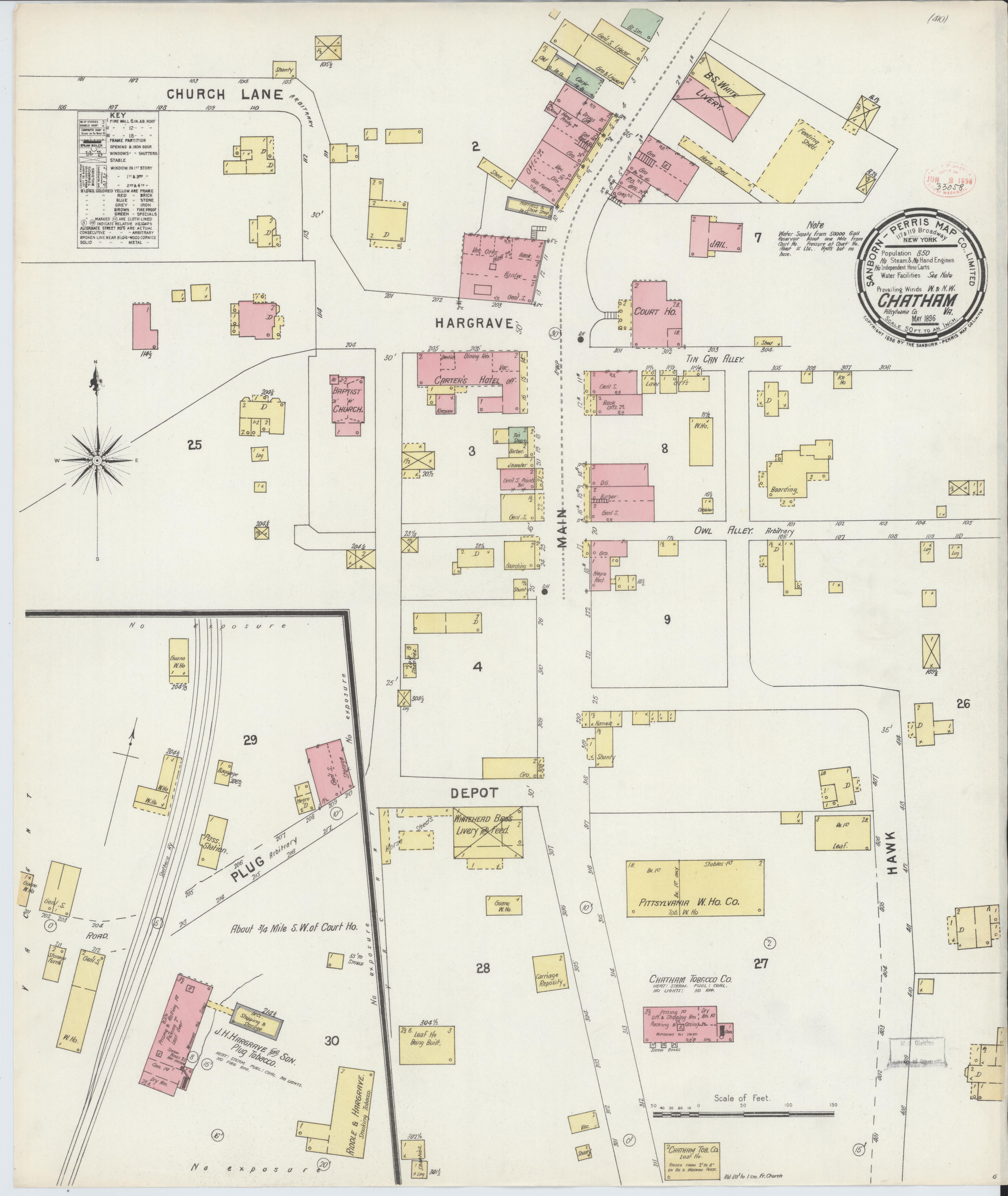 Scanned 1896 fire-insurance map of Chatham showing streets and colored building footprints around Main Street and the courthouse.