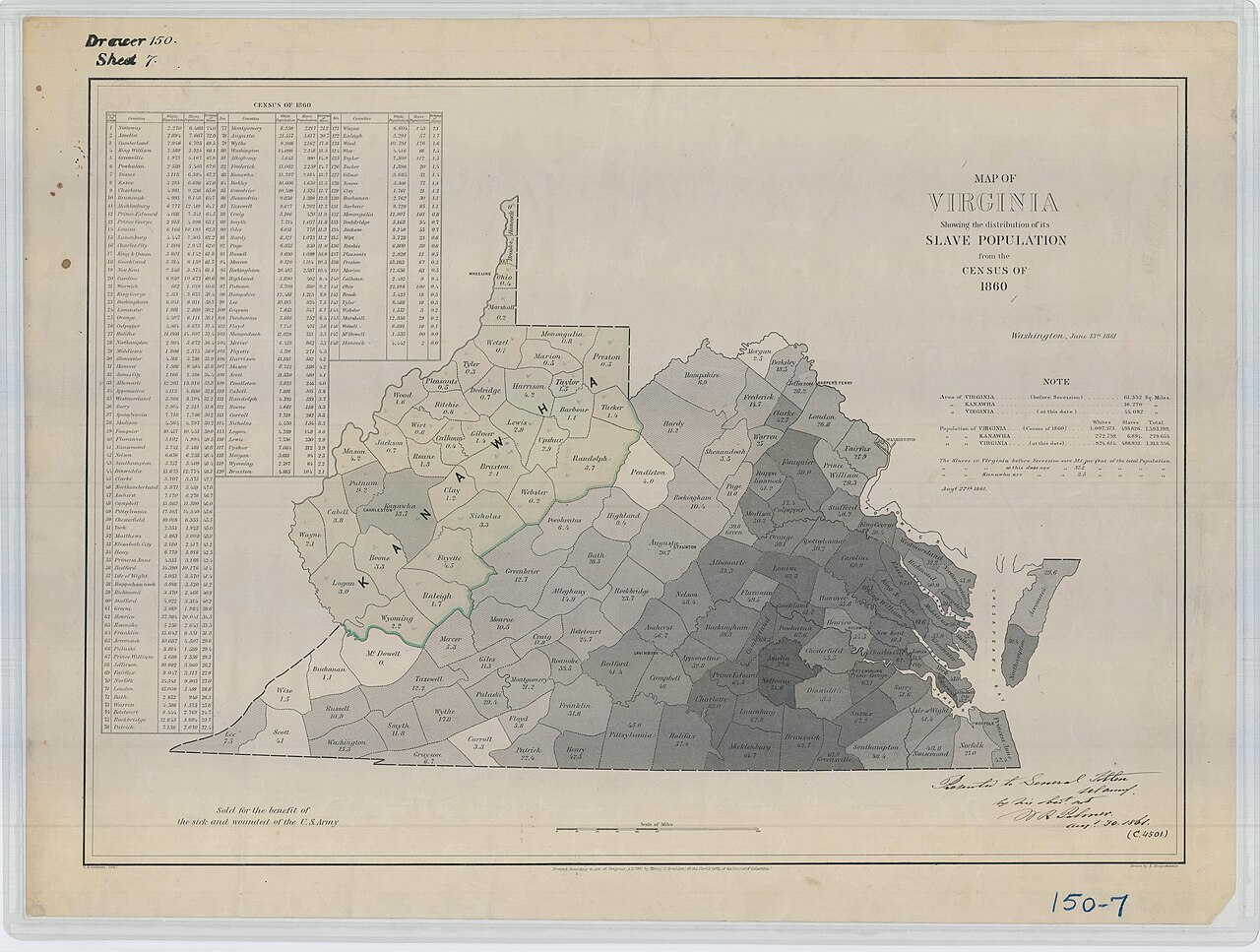 Archival Virginia map with counties shaded by the proportion of people enslaved and a census table at the upper left.