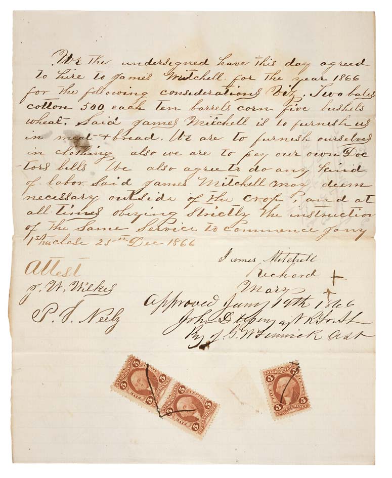 First page of a handwritten 1866 Tennessee labor contract with signatures, marks and revenue stamps.
