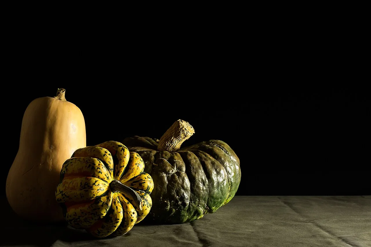 Three winter squash on a table against a dark background.