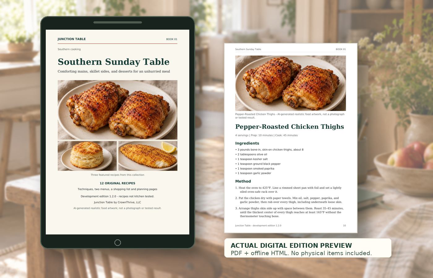 Tablet preview showing the actual Southern Sunday Table cover and a PDF recipe page